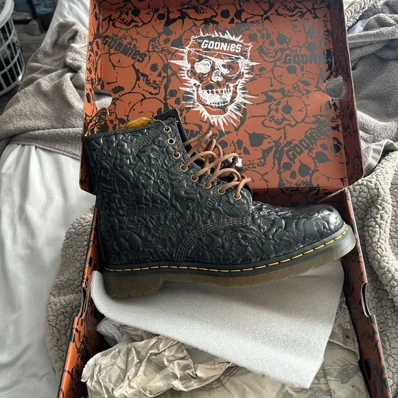 Dr. Martens Black Embossed Leather Combat Boots with Yellow Stitching - Picture 2 of 4